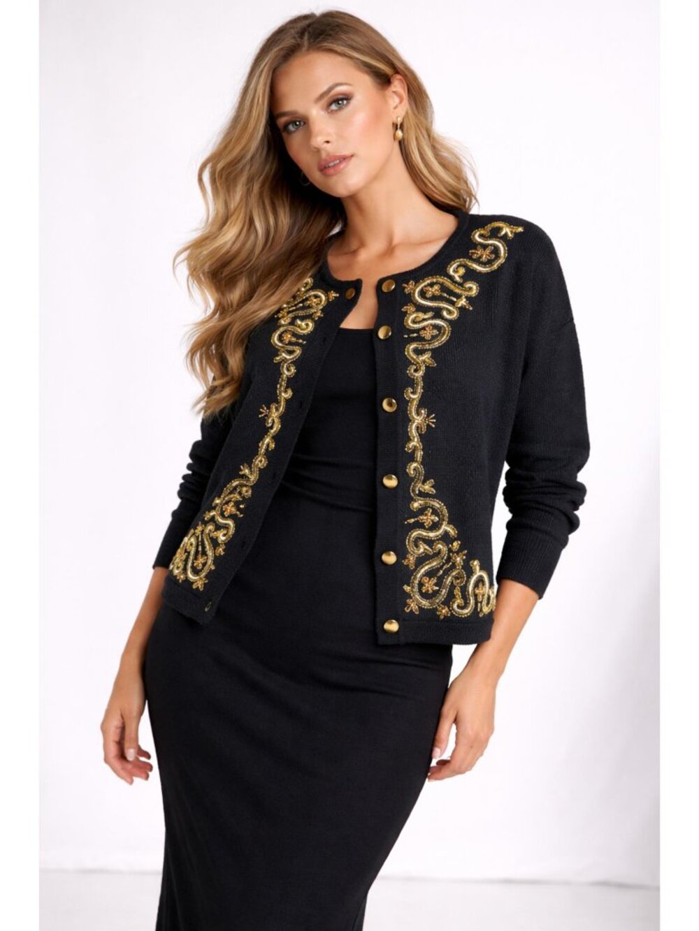 Joan Leslie Petite L Black Gold Beaded Knit Cardigan Vintage